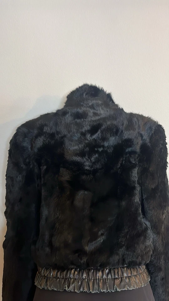 Vintage 80s Black Rabbit Fur & Leather Cropped Coat W/ Rabbit Tails - Image 2 of 4