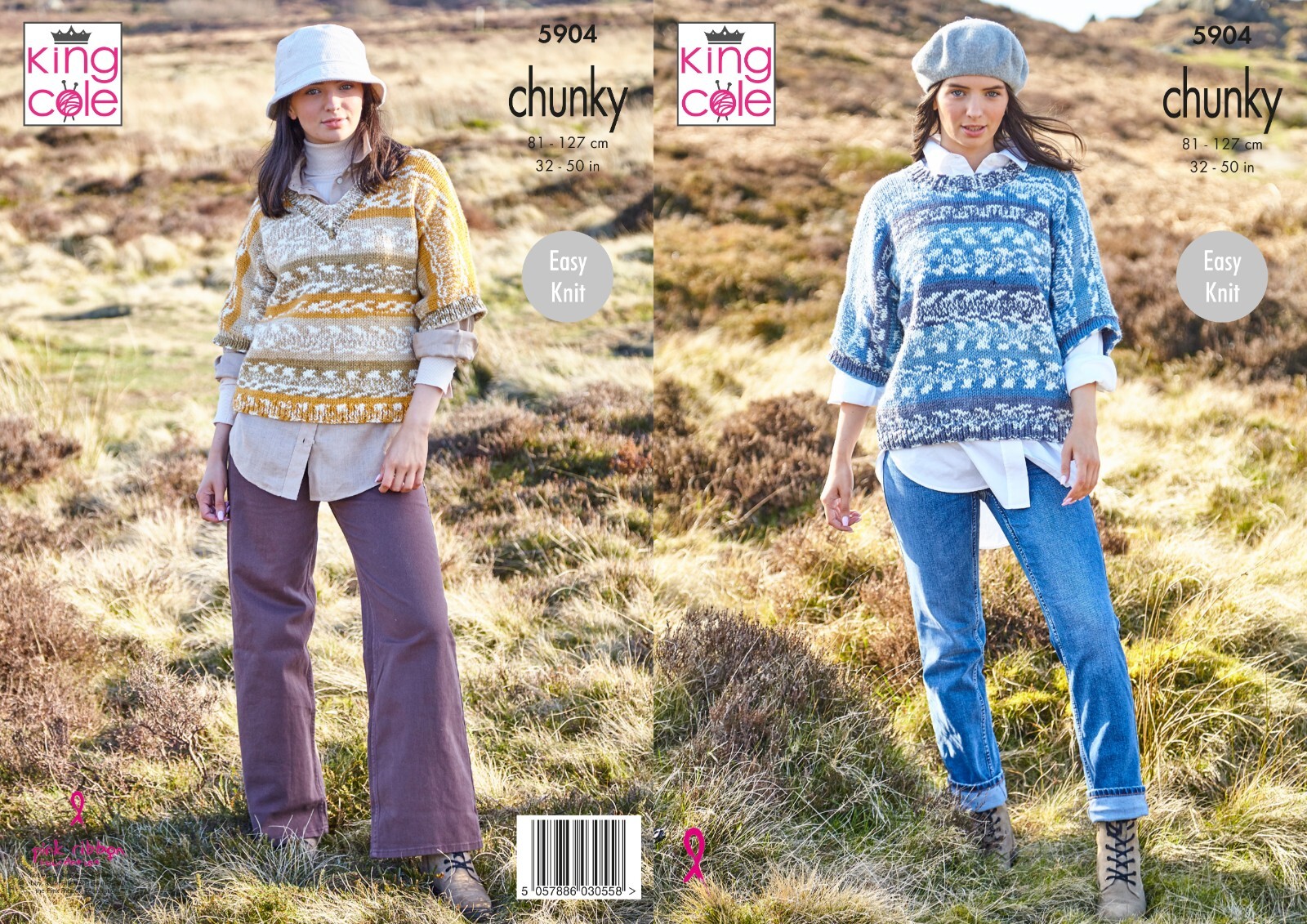 King Cole Chunky Knitting Pattern - 5904 Ladies Round & V Neck Sweaters