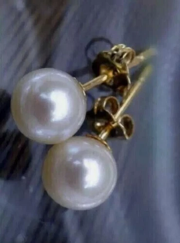 Perfect Round 8-9mm AAA+True White AKOYA Pearl Earrings 14K Gold - Afbeelding 4 van 4