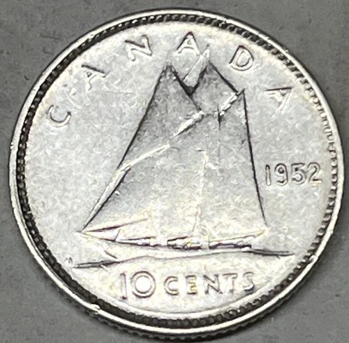 1952 Canada 10C Silver Dime. Bright,  Crisp, Well Defined Coin.  Free Shipping !