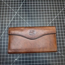 Vintage Brown Faux Leather Trifold Wallet Kiss Lock Coin Purse Floral Crest