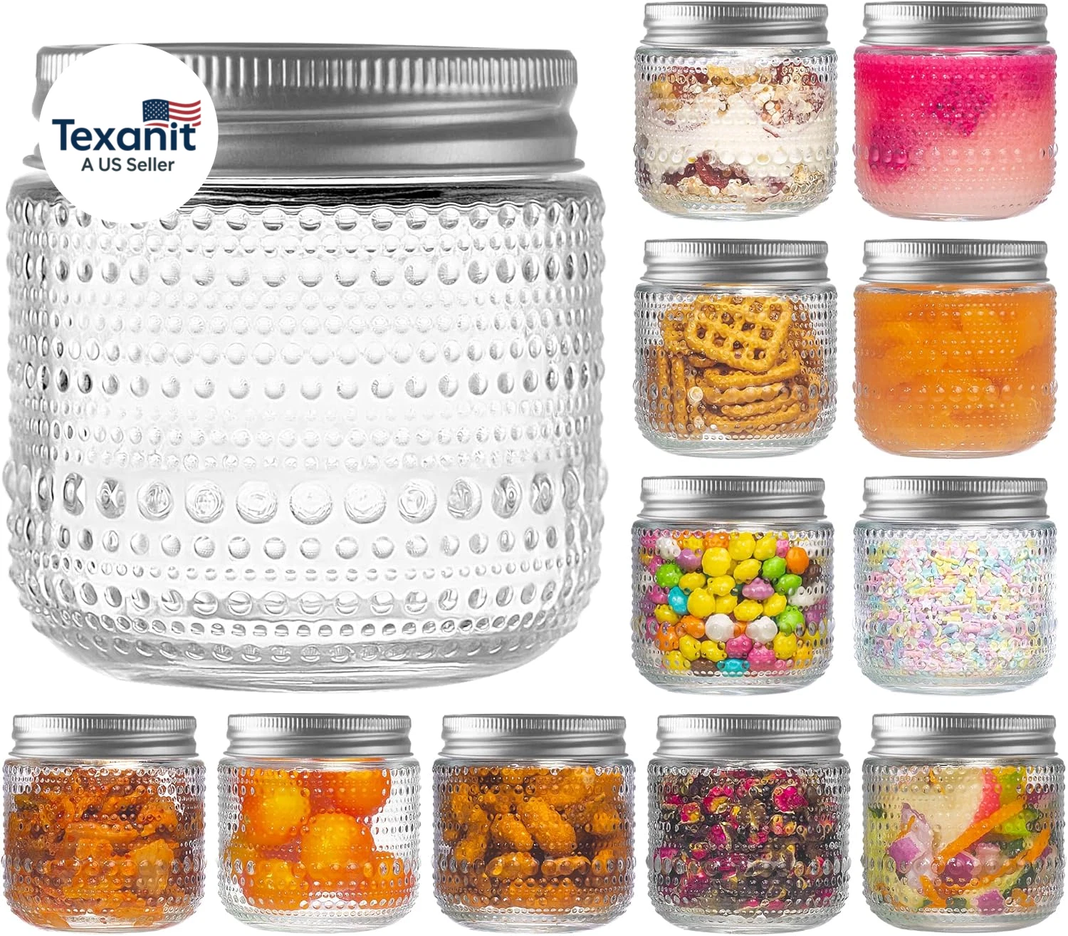 Mason Jars 8 Oz with Lids 12 Packs, Vintage Small Glass Canning Jars with Silver