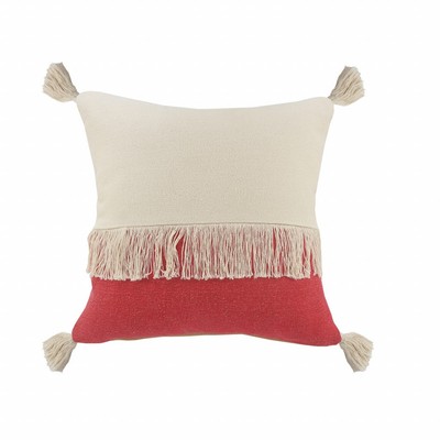20'' x 20'' Red and Off White 100% Cotton Pillow With Tassels