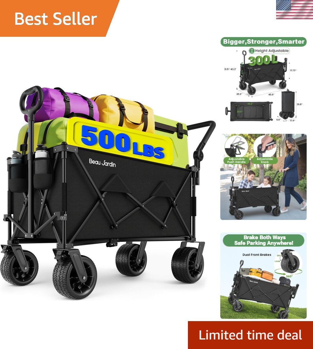 Versatile 500 lbs Beach & Utility Wagon with Easy Folding and Storage - Black