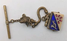 Antique Pocket Watch Fob Chain Brass Dog & Rhinestone Inlaid Fob