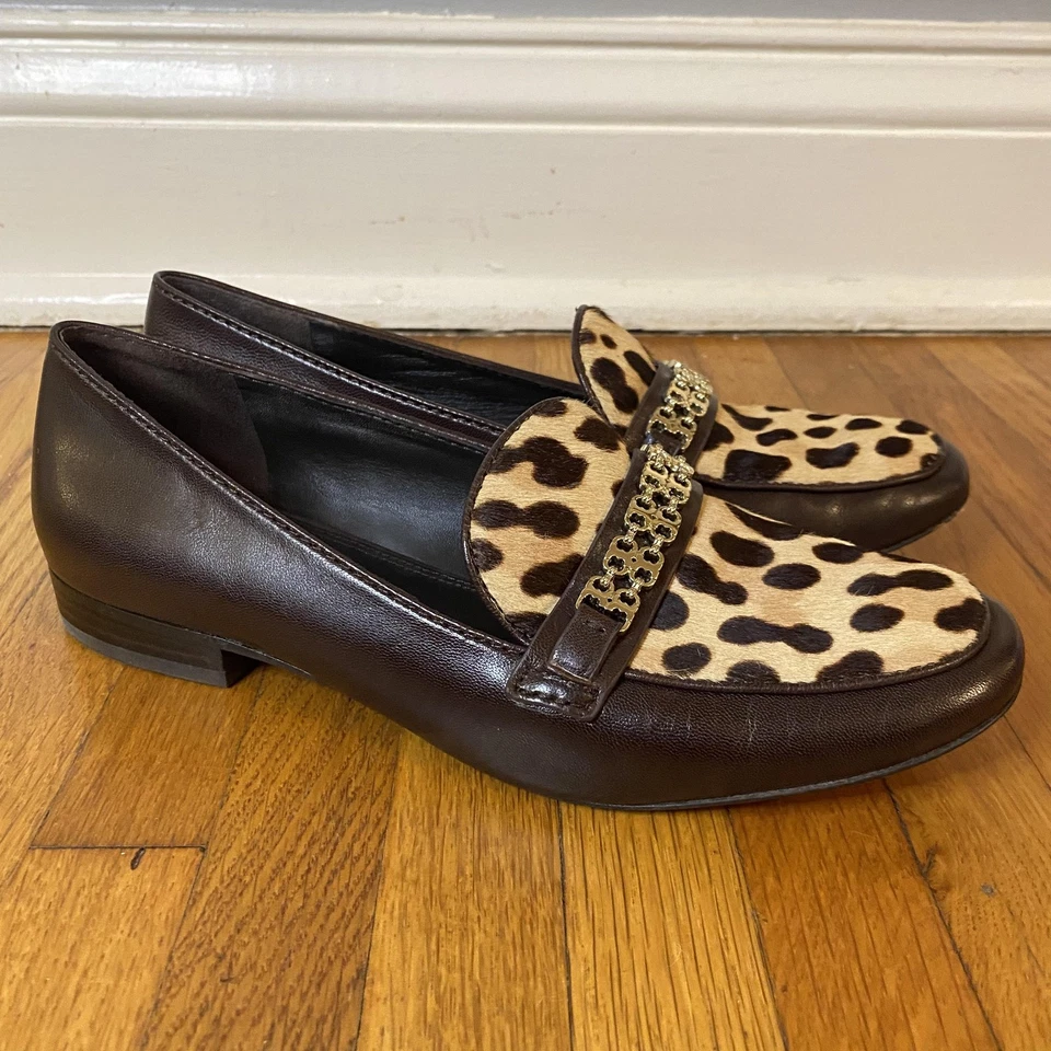 Zapatos mocasines Tory Burch para mujer talla 7,5 marrón estampado de leopardo pelo de becerro sin cordones Foto 2 de 4