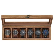 SONGMICS 6-Slot Solid Wood Watch Box with Glass Lid & Velvet Interior