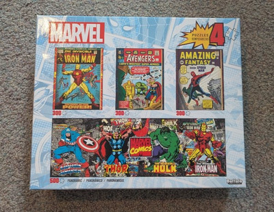 Marvel Buffalo Games 4 Puzzles Set Spider-Man Iron Man Avengers Comic Covers NEW