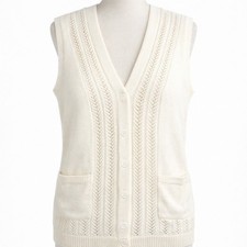Cream Cable Knit Button V Neck Sleeveless Vest Sweater M Cottagecore Granny Twee