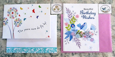 2 Greeting Cards, Envelopes & Env. Seals - 1 Birthday & 1 Blank   Bird & Flowers