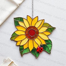 Sunflower Ladybug Acrylic Suncatcher, Floral Window Hanging Garden Decor