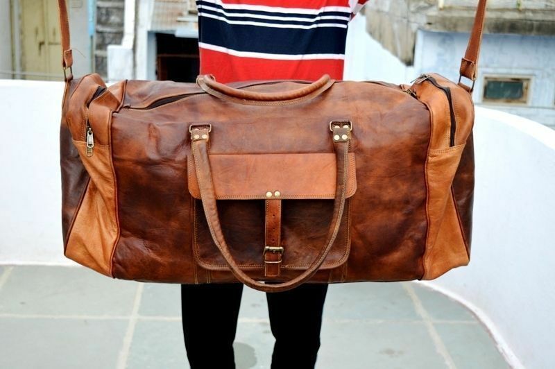 Large Men's Leather Vintage Duffle Luggage Weekend Gym Overnight Travel