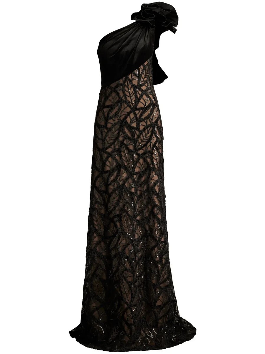 SALE☆TADASHI SHOJ カフタンロングワンピース☆ NEW, Tadashi Shoji Caraway One Shoulder Leaf Motif Gown Size