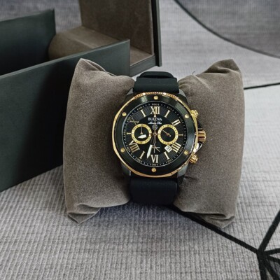 Bulova Marine Star Black Gold Case/Black Rubber Strap Men's Quartz 98B278 Watch
