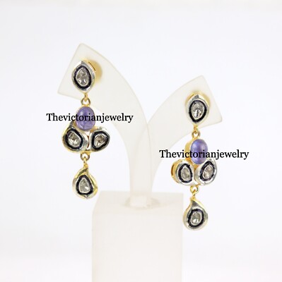 Tanzanite Gemstone Polki Diamond Earring 925 Sterling Silver