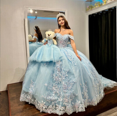 Gorgeous Sky Blue Quinceanera Dresses Off Shoulder 3D Flower Ball Gowns  Sweet 16 | eBay