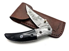 DAMASCUS HANDMADE CUSTOM HUNTING POCKET FOLDER KNIFE SHARP BLADE  HORN COVER