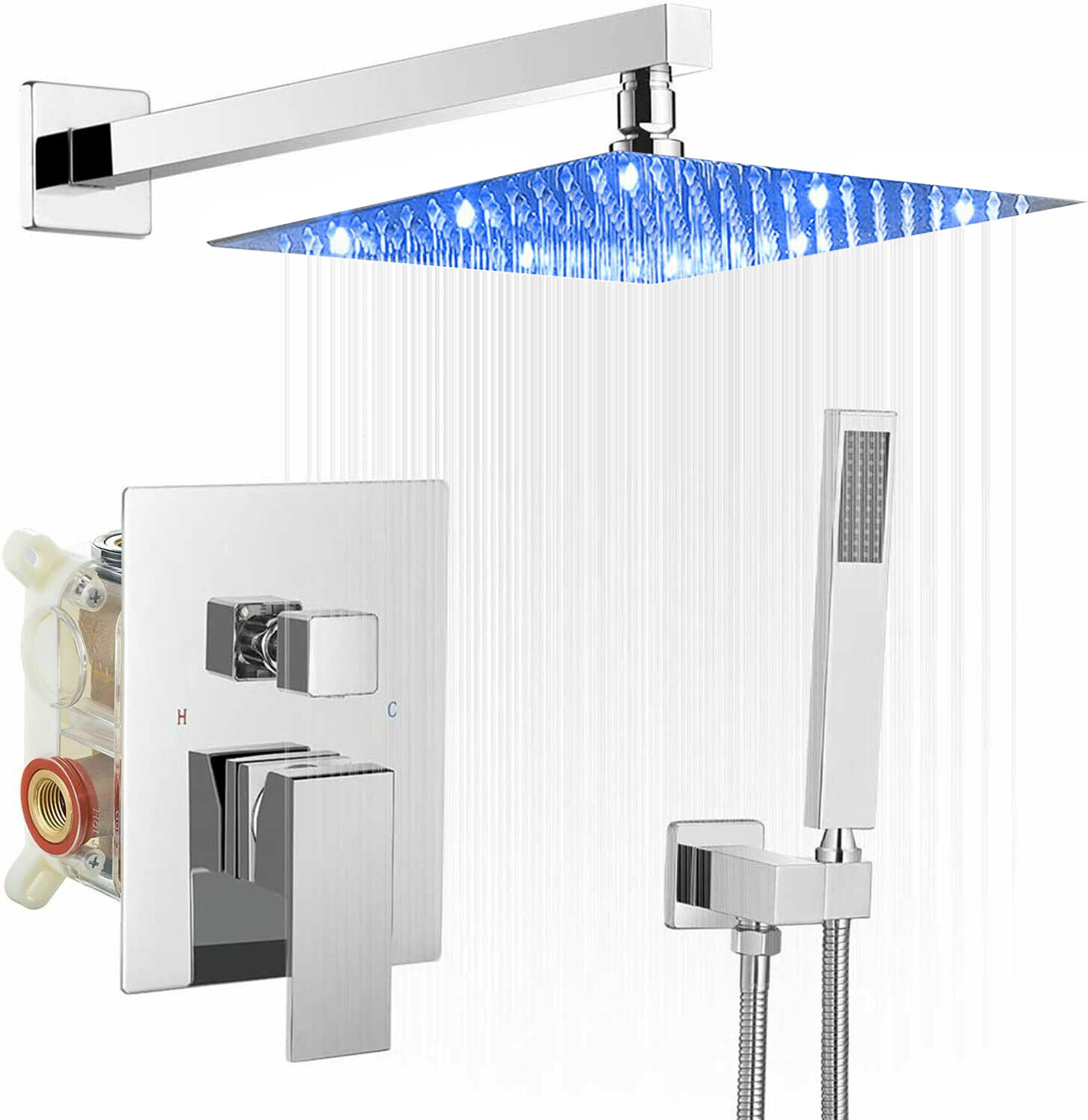 Luxury Shower Faucet Set System LED Rain Head Combo Kit w/Mixer Valve ...