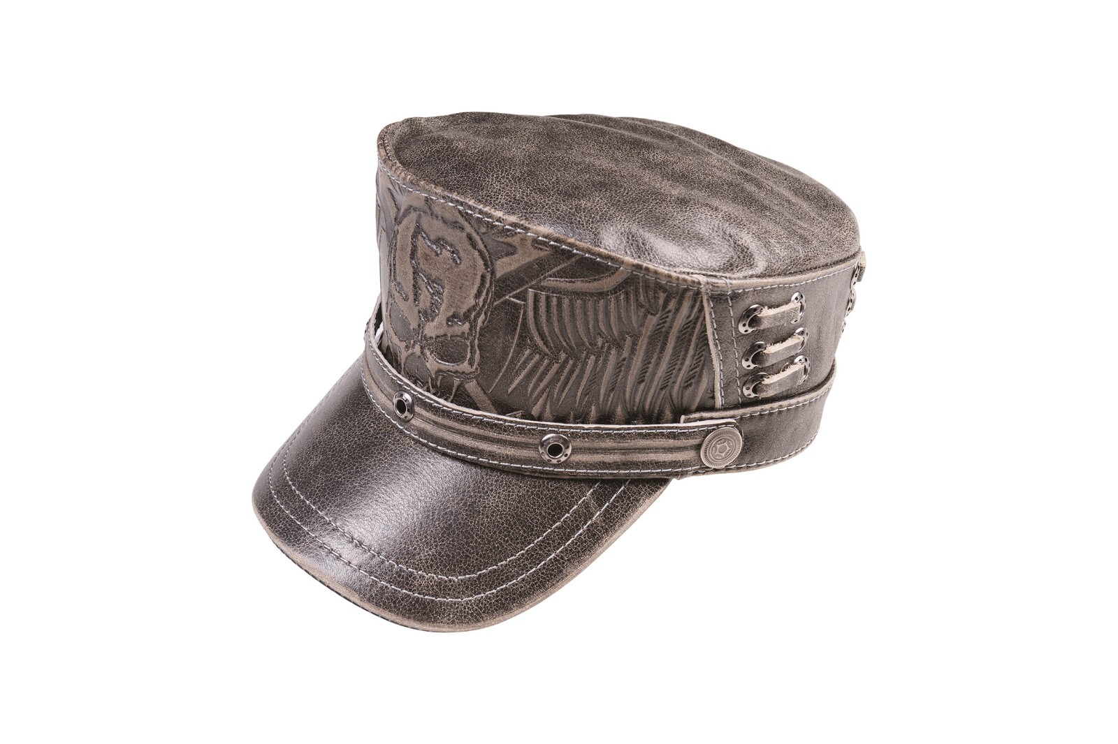 Brown Leather Scull Cap Biker Aviator Army Steampunk style with Winged Design