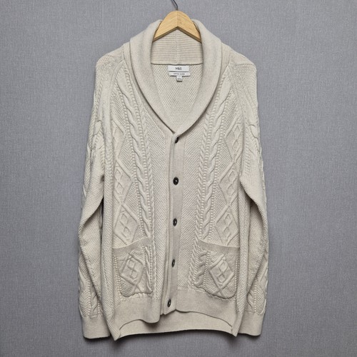 Marks And Spencer Cable Knit Cardigan Mens Large Beige Chunky Classic