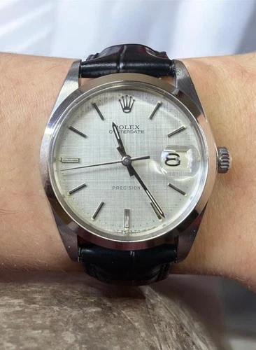 Rolex 34mm OysterDate Precision Vintage Men's Watch 6694 | Black leather strap