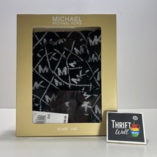 Michael Kors Logo Black  Silver Knit Scarf  Hat Beanie Winter NWT