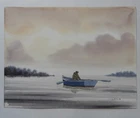 Y.M. LE BIHAN 1986: Small watercolor, A man on a boat, Alone on a lake