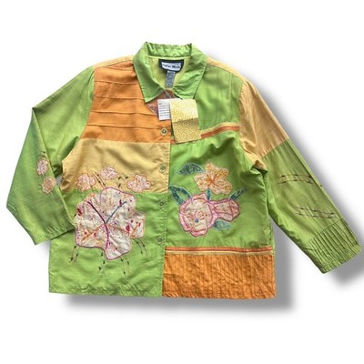 Indigo Moon Women's 1X Green Orange Floral Embroidered Beaded Art To Wear Jacket