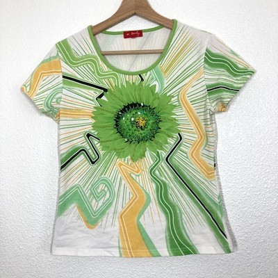 Derhy Shirt Womens NO SIZE Green Floral Sequin Scoop Neck Jersey Top Graphic