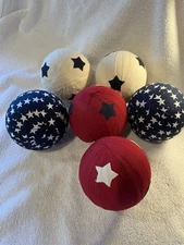 Patriotic Rag Balls Bowl Filler. Set of Six. Americana Fabric Round Balls. Used.