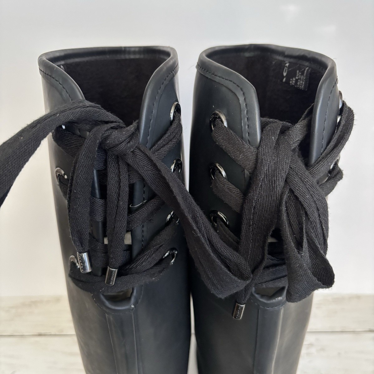 Coach Tristee Rain Boots Womens 7 B Black Matte Lace Up Back