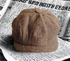 Retro Herringbone Newsboy Cap Brown Tan Tweed 8 Panel Flat Cap Peaky Blinders