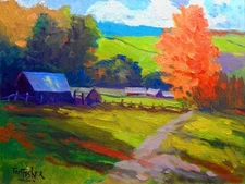 hill valley barn home realistic Impressionism oil Painting landscape Tom Fisher
