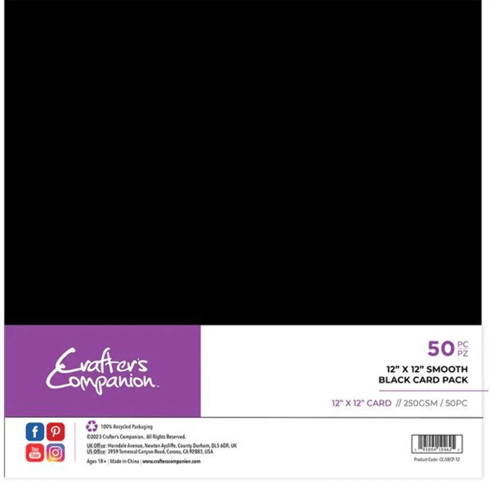Crafters Companion 12 x 12 Smooth Black Card Pack 50 Sheets