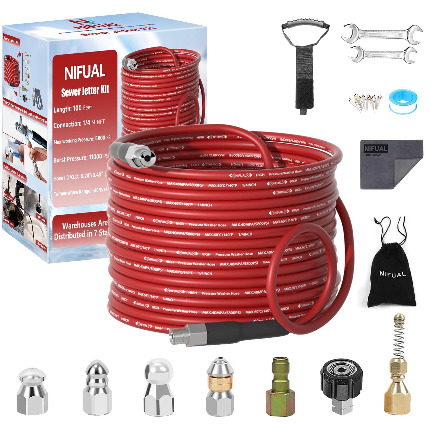 NIFUAL 1/4 Inch NPT Pressure Washer Sewer Jetter Cleaning Kit for Deep Cleaning