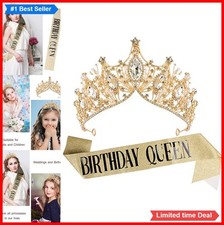 Rhinestone Tiara Crown and Sash Set Gold Crystal Birthday Party Photo Prop