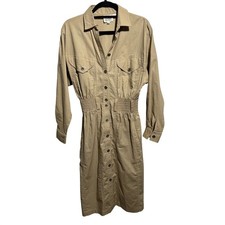 Vintage Womens Tan Safari Utility Shirt Dress Button Front Elastic Waist 6
