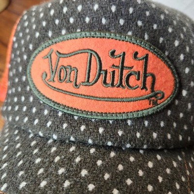 Vintage VON DUTCH Y2K 90s Snapback Hat Tan/Gray fleece Orange Mesh