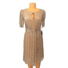 Adrianna Papell Dress Women 6 Gold New Metallic Pleated Keyhole Cocktail Party