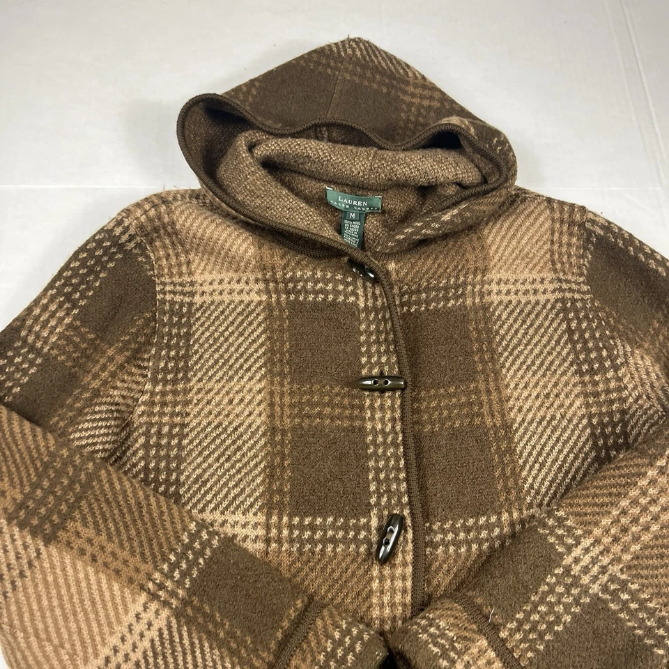 Lauren Ralph Lauren 复古羊毛连帽夹克格子棕色 Cottagecore 大衣 Rustic M — 第 3/4 张图片