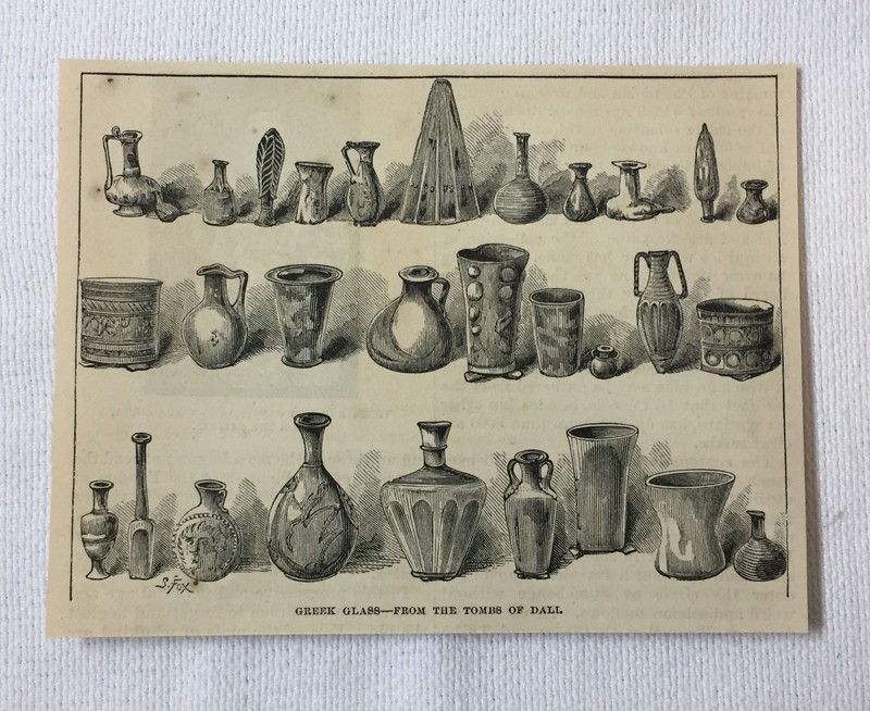 1872 magazine engraving ~ GREEK GLASS FROM THE TOMBS OF DABI