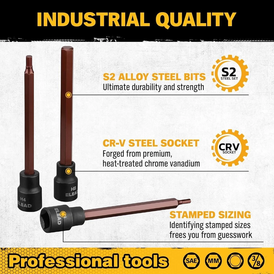 Extra-Long Allen Hex Bit Socket Set: 20-Piece 3/8 Inch Drive, S2 Steel, Standard - Image 2 of 4