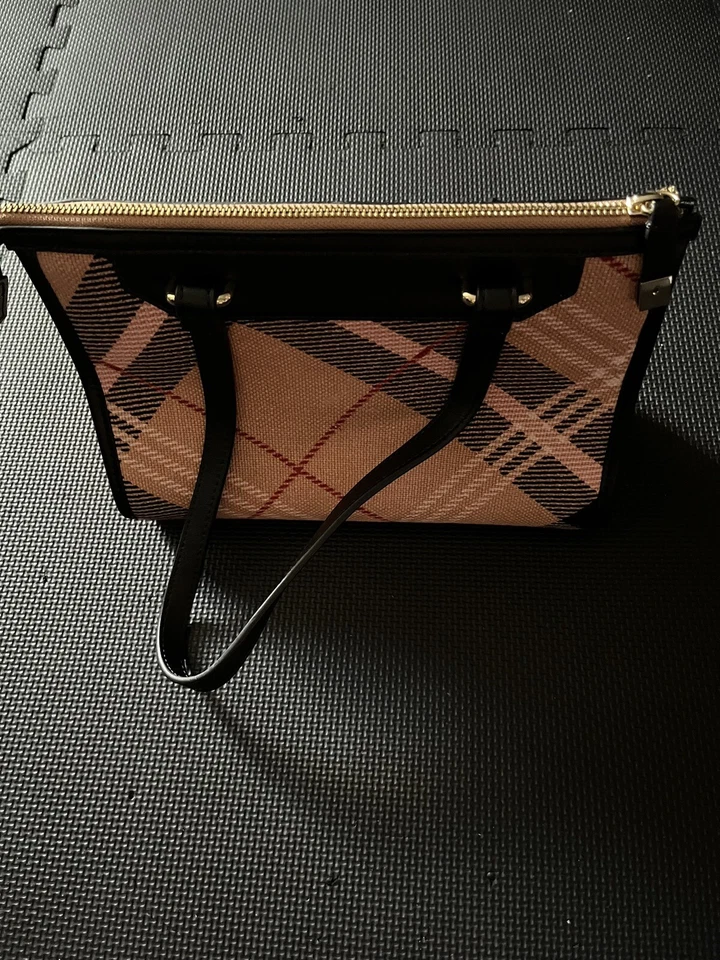Spartina 449 Daufuskie Island Linen Leather Blush Plaid Black Trim Purse Telfair - Image 2 of 4