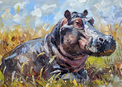 Hippo Wildlife Oil 5''x7'' Print on Matte Paper | Expressive Animal Art