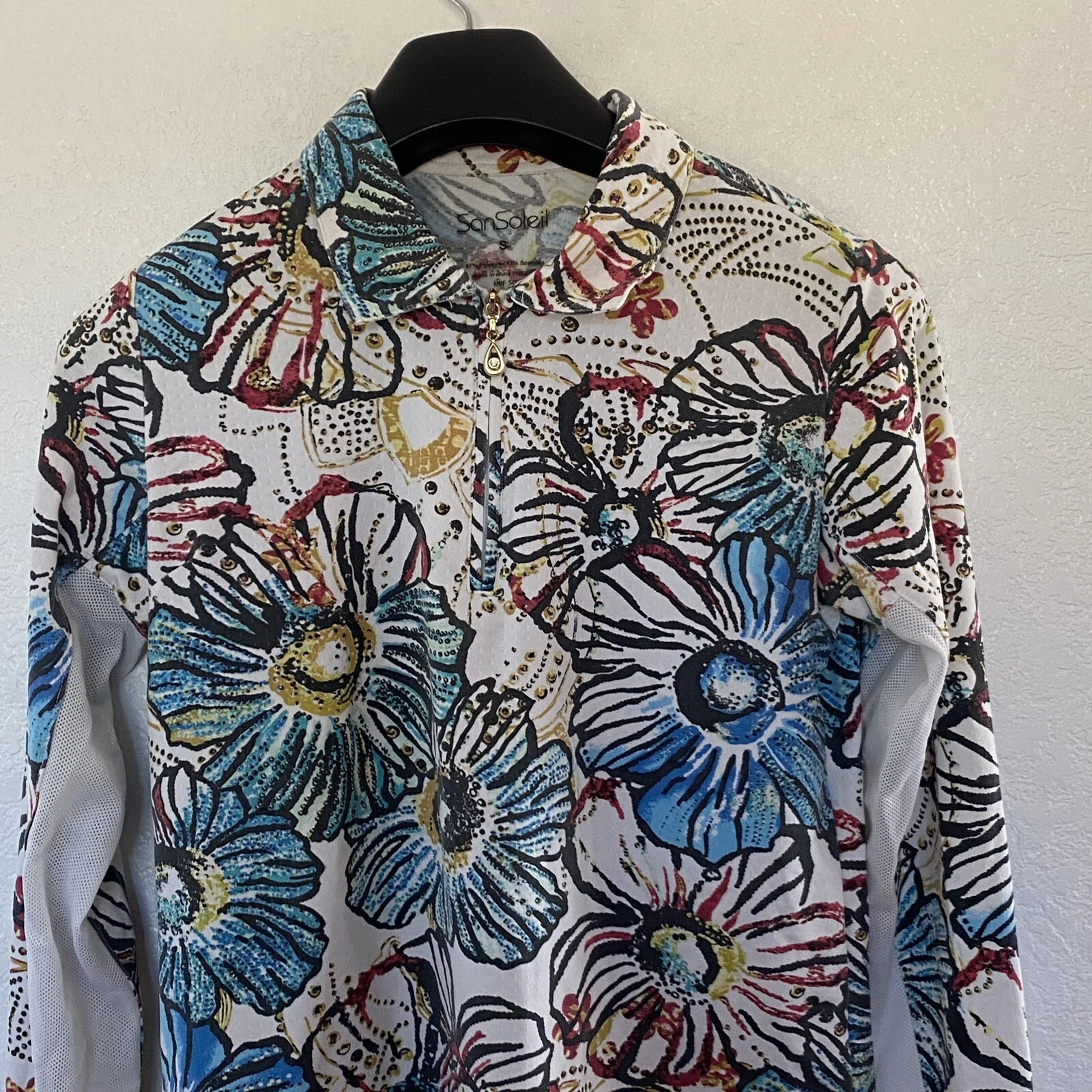 San Soleil STUNNING Sun Protection UPF 50 Floral L/S 1/4 Zip Activewear Top Sz S