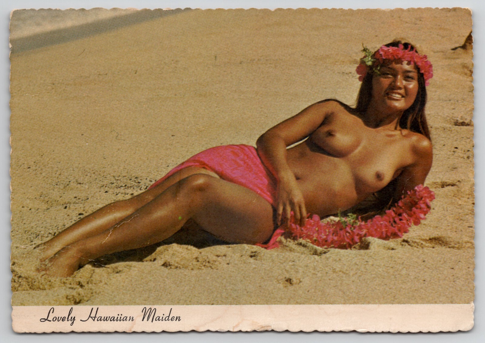 LOVELY HAWAIIAN MAIDEN On Sunny Island Beach by Loye Guthrie - Risqué POSTCARD