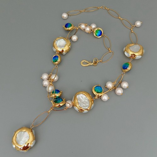 21"Freshwater Cultured White Keshi Pearl Blue Murano Glass Necklace - Picture 6 of 7