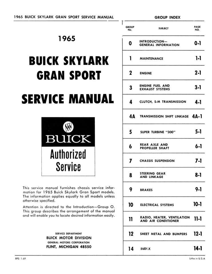 Buick Skylark Gran Sport Shop 1965 suplemento manual Foto 2 de 3
