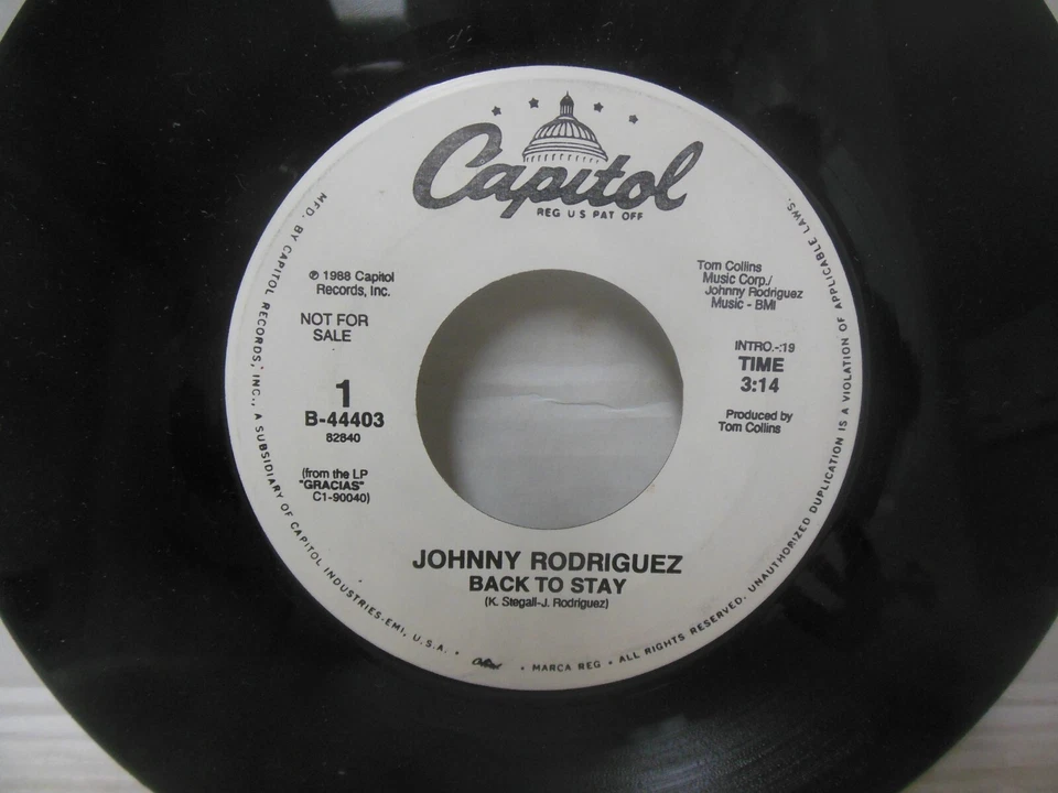 JOHNNY RODRIGUEZ nr mint 45 rpm BACK TO STAY promo - Image 3 of 3