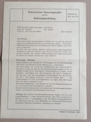Orignal GDR operating instructions DLR2 voltage regulator Wartburg 353 Trabant 601